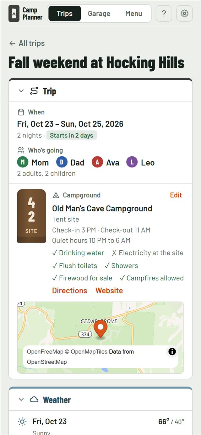 Camp Planner on a phone: a fall weekend at Old Man's Cave Campground for Mom, Dad, Ava and Leo, with site 42 on a wooden site post, check-in times, what the campground has and a map