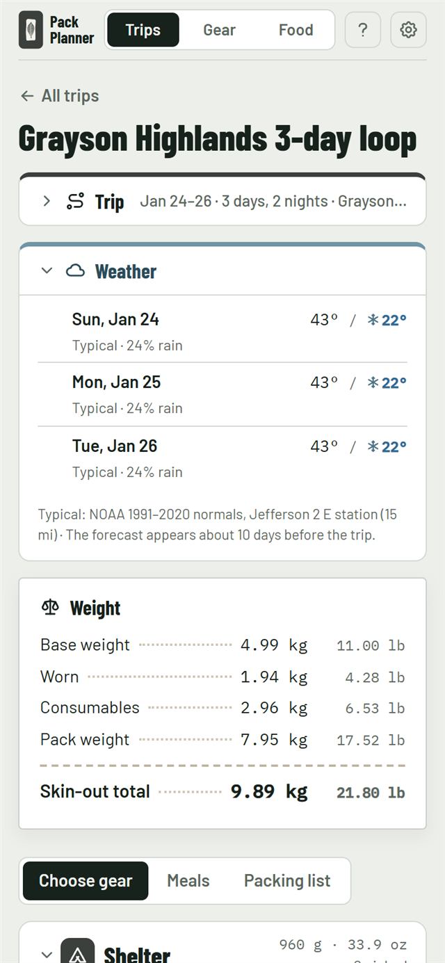 Pack Planner on a phone: a three-day trip with typical weather for each day and a weight receipt: base weight 4.99 kg (11.00 lb), pack weight 7.95 kg (17.52 lb), skin-out 9.89 kg